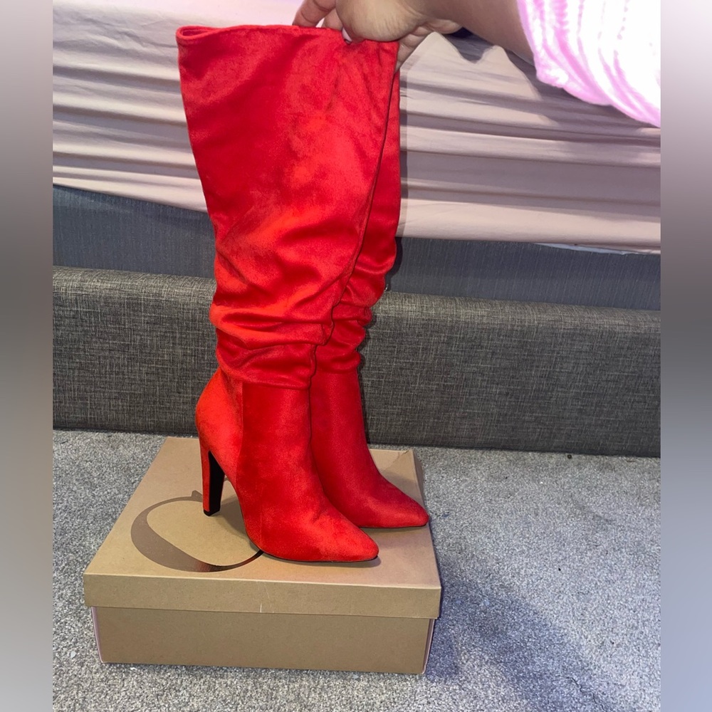Red velvet knee boots